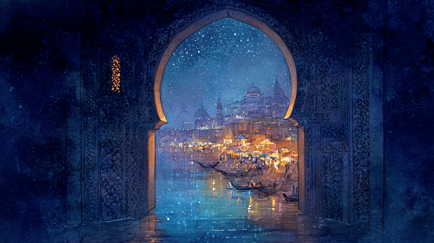 Ornate archway opening onto a lantern-lit Arabic market by night