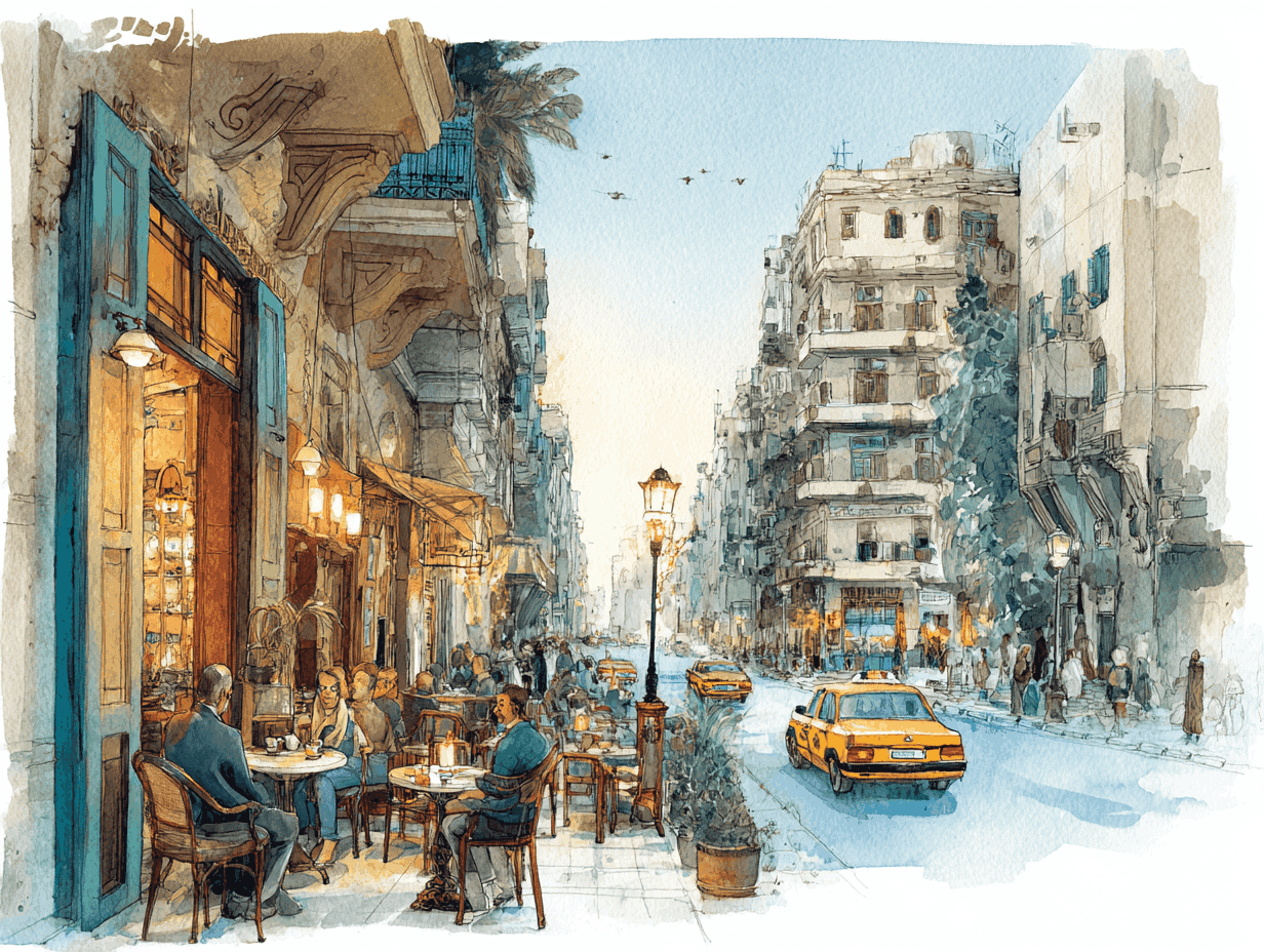 Cairo street scene with a sidewalk café and yellow taxi — Egyptian vs Levantine Arabic