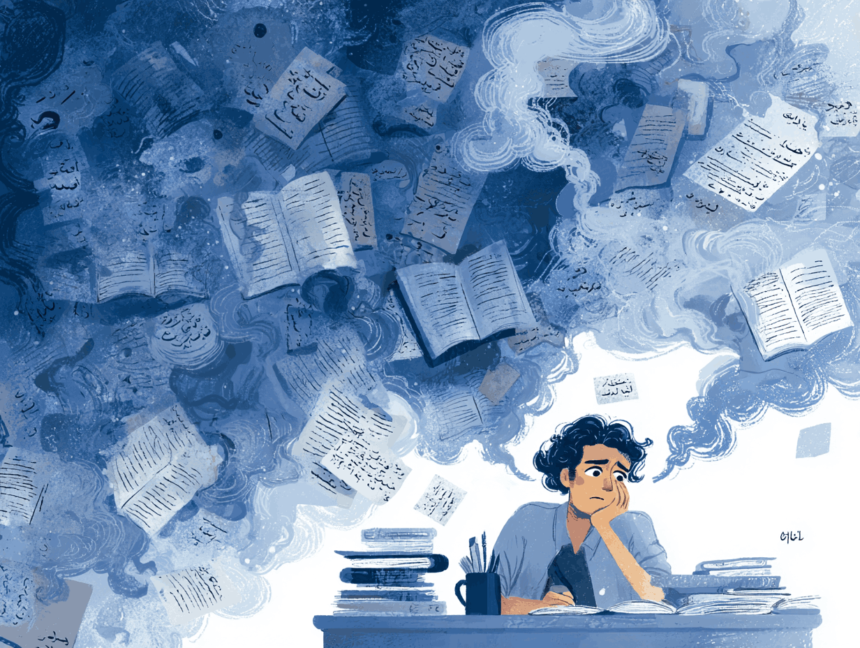 Student at a desk under a swirling cloud of Arabic books and study pages
