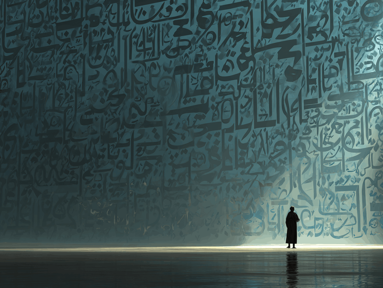 Lone figure before a vast wall of giant Arabic calligraphy — how hard Arabic feels