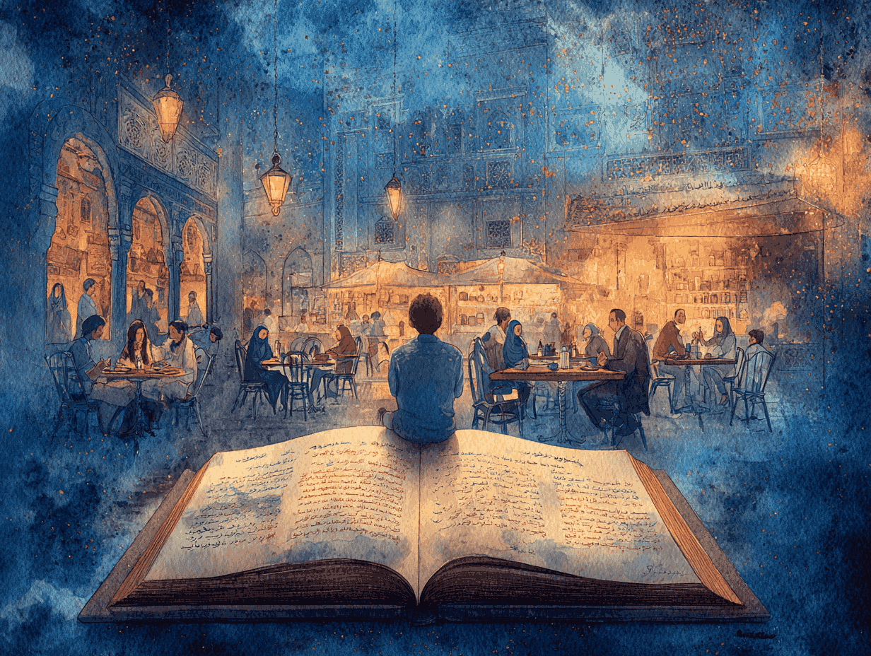Open Arabic textbook unfolding into a lively market café scene — learning Arabic beyond books