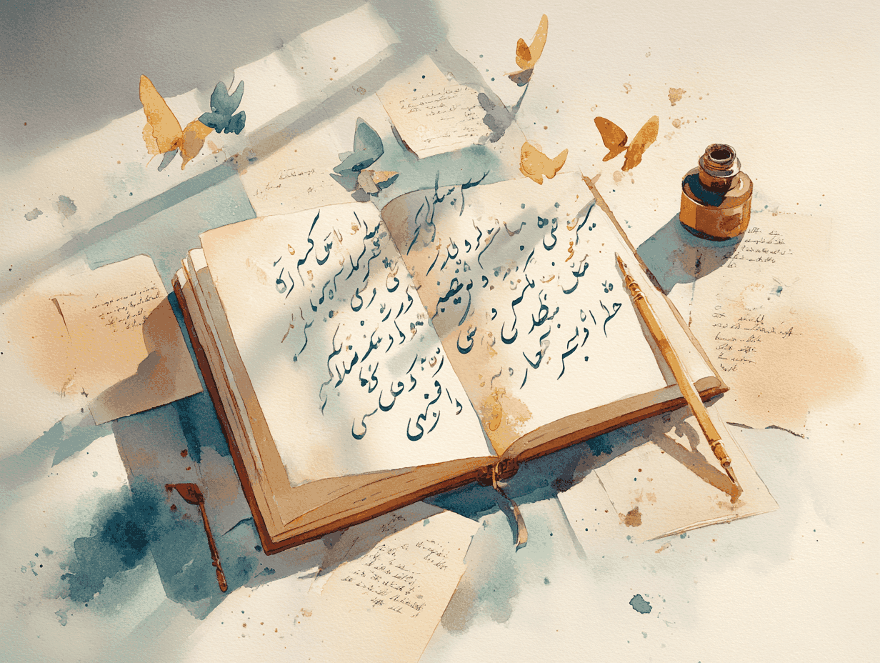 Open journal with Arabic alphabet calligraphy, quill pen and inkwell