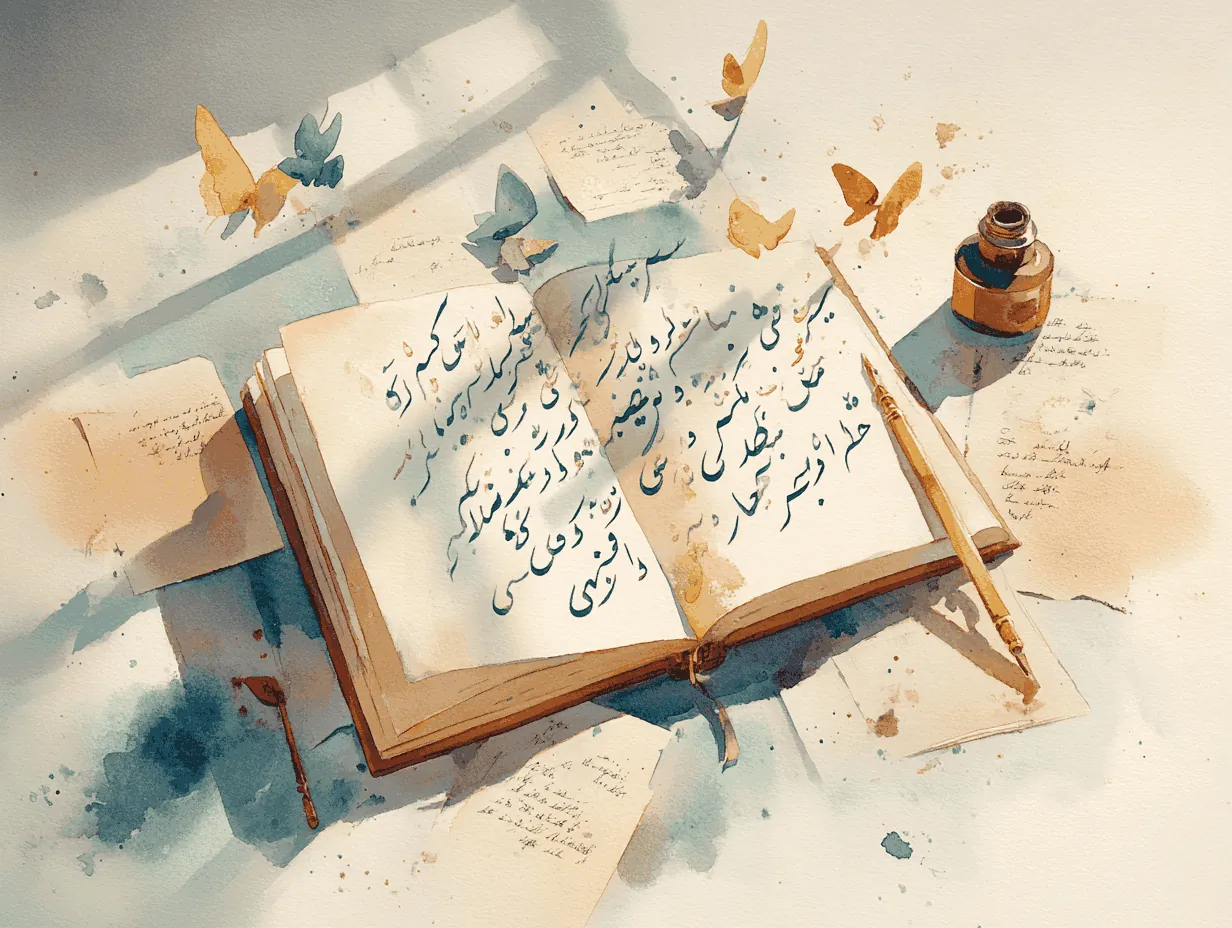Open journal with Arabic alphabet calligraphy, quill pen and inkwell