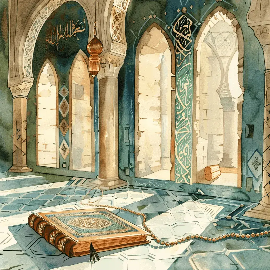 Quran with prayer beads on a mosque floor beneath calligraphy-adorned arches