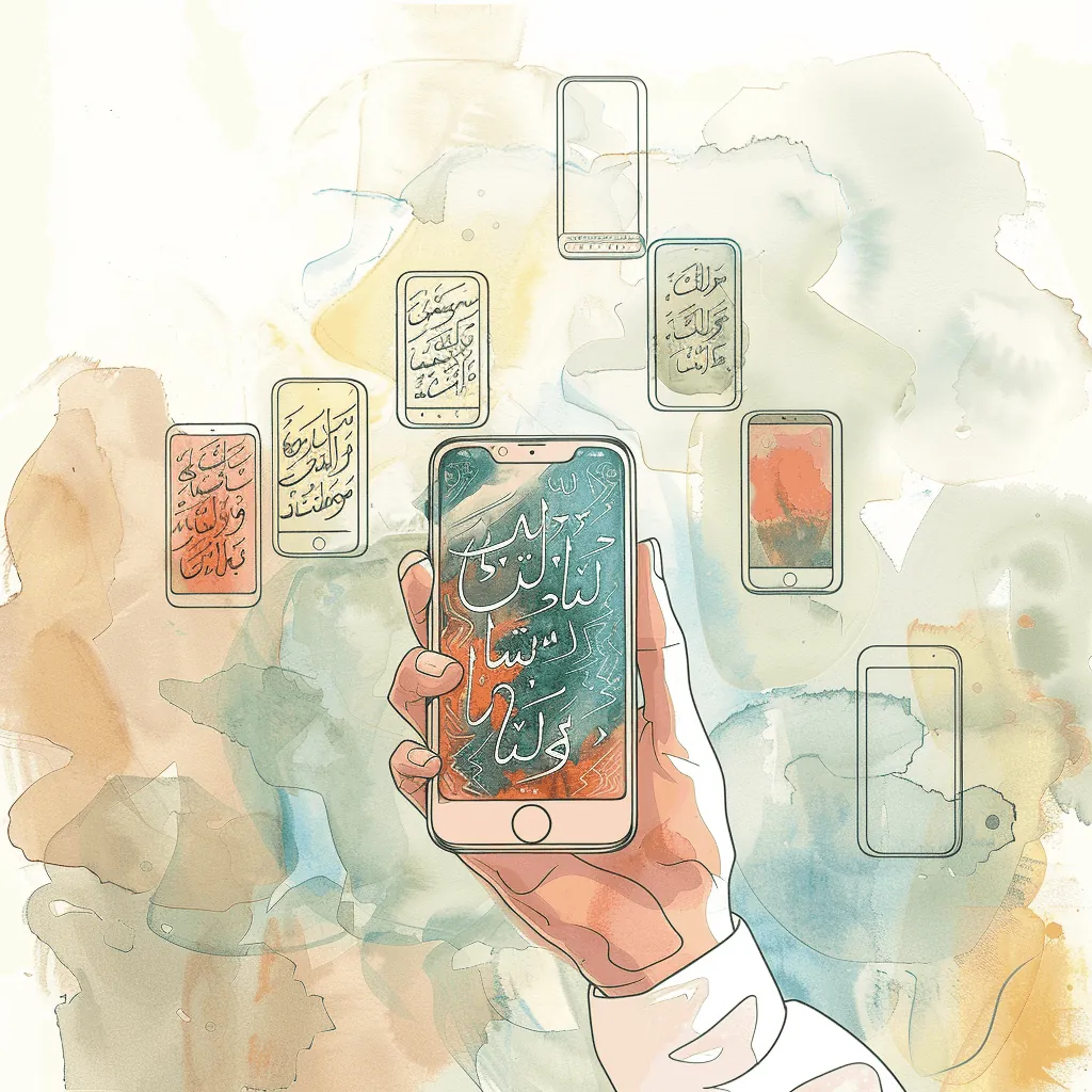 Hand holding a smartphone with Arabic calligraphy, surrounded by floating app screens