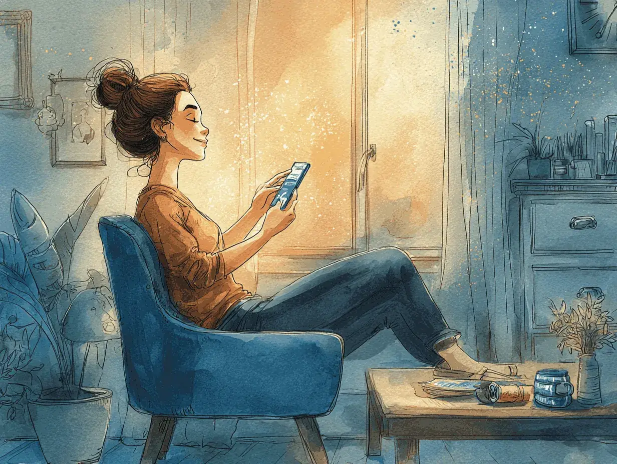 Smiling woman in an armchair learning Arabic on her phone by warm window light