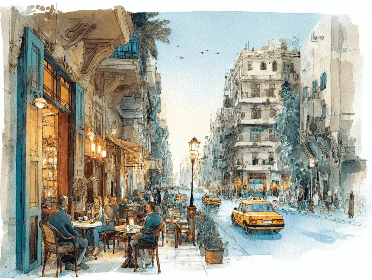 Cairo street scene with a sidewalk café and yellow taxi — Egyptian vs Levantine Arabic