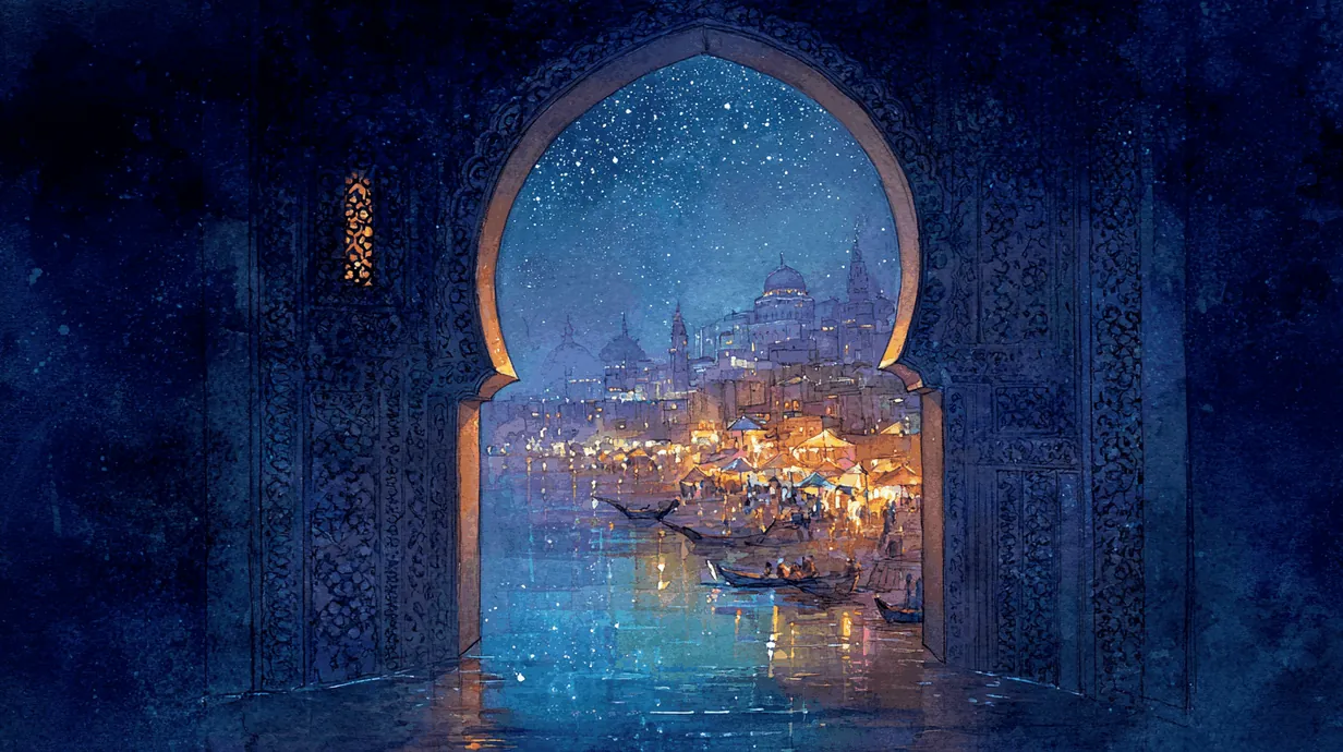 Ornate archway opening onto a lantern-lit Arabic market by night