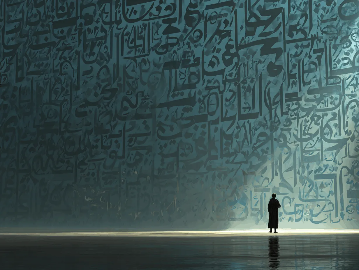Lone figure before a vast wall of giant Arabic calligraphy — how hard Arabic feels