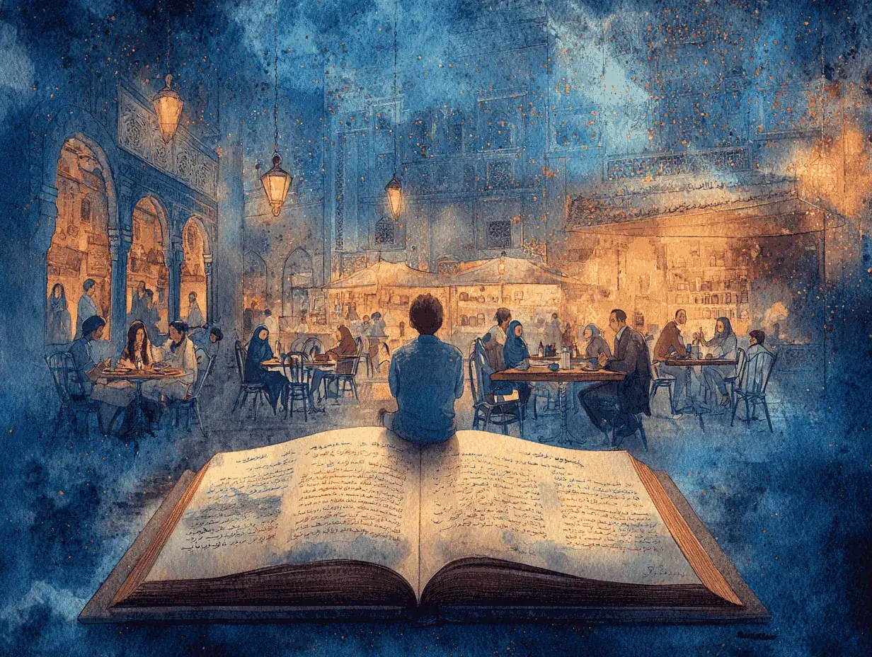 Open Arabic textbook unfolding into a lively market café scene — learning Arabic beyond books