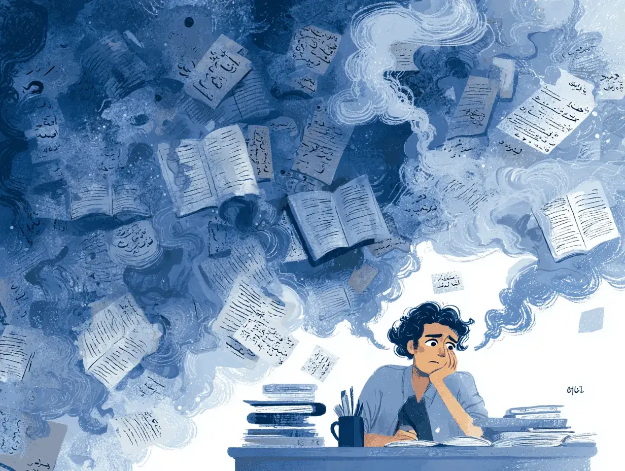 Student at a desk under a swirling cloud of Arabic books and study pages