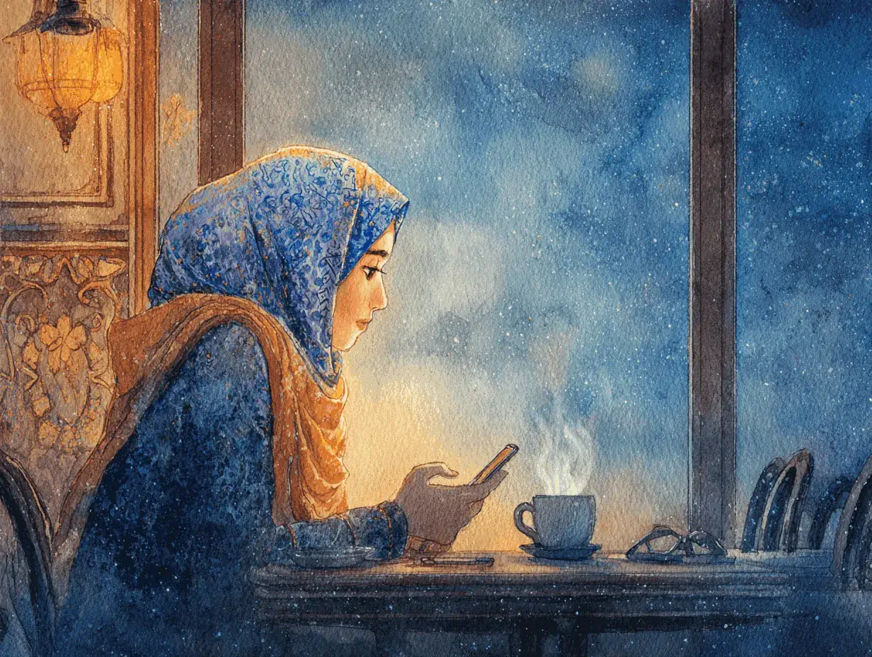 Woman in a hijab using an Arabic learning app on her phone in a café