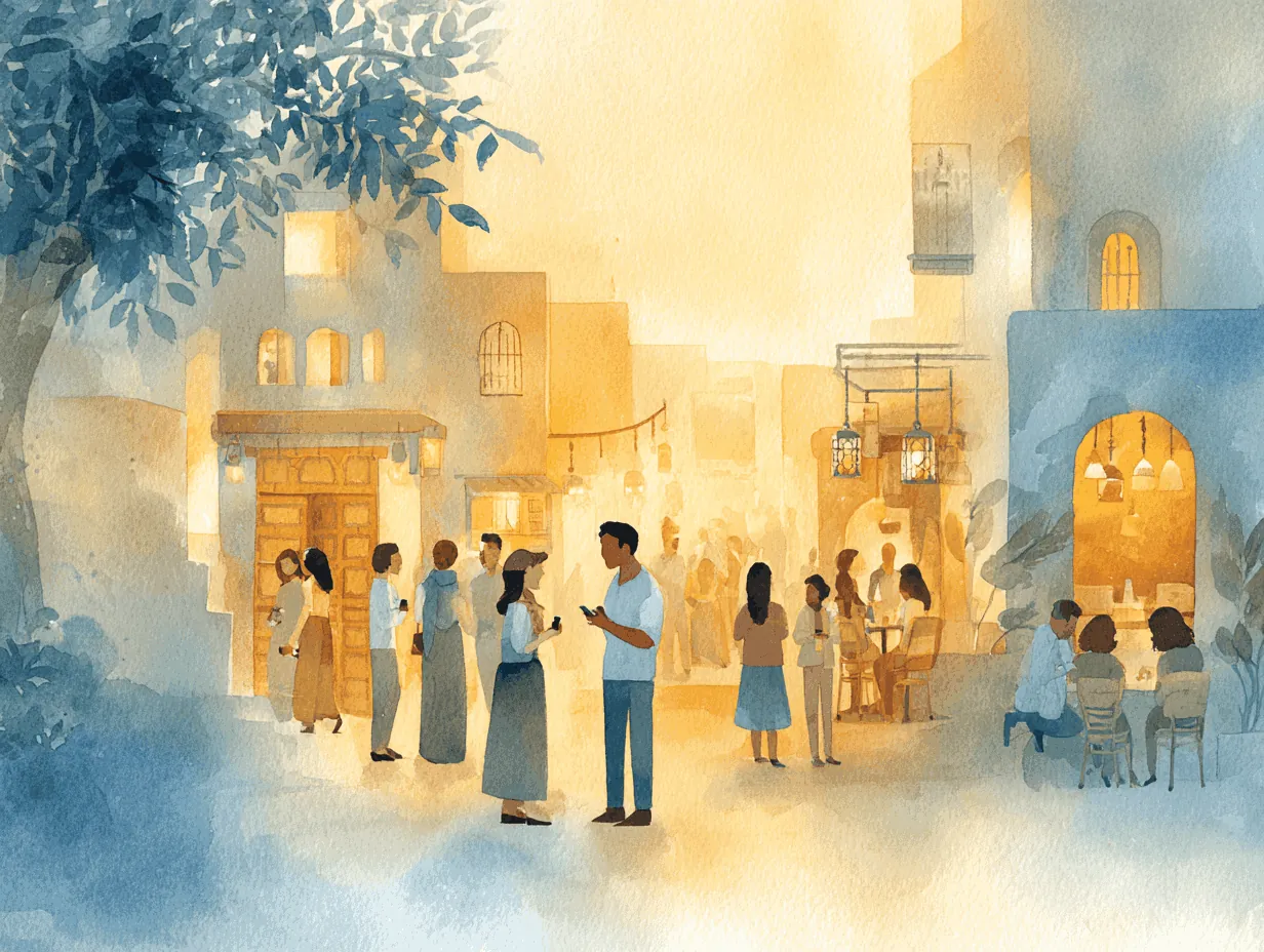 People chatting in an Arabic old-town square while a man practices speaking with his phone