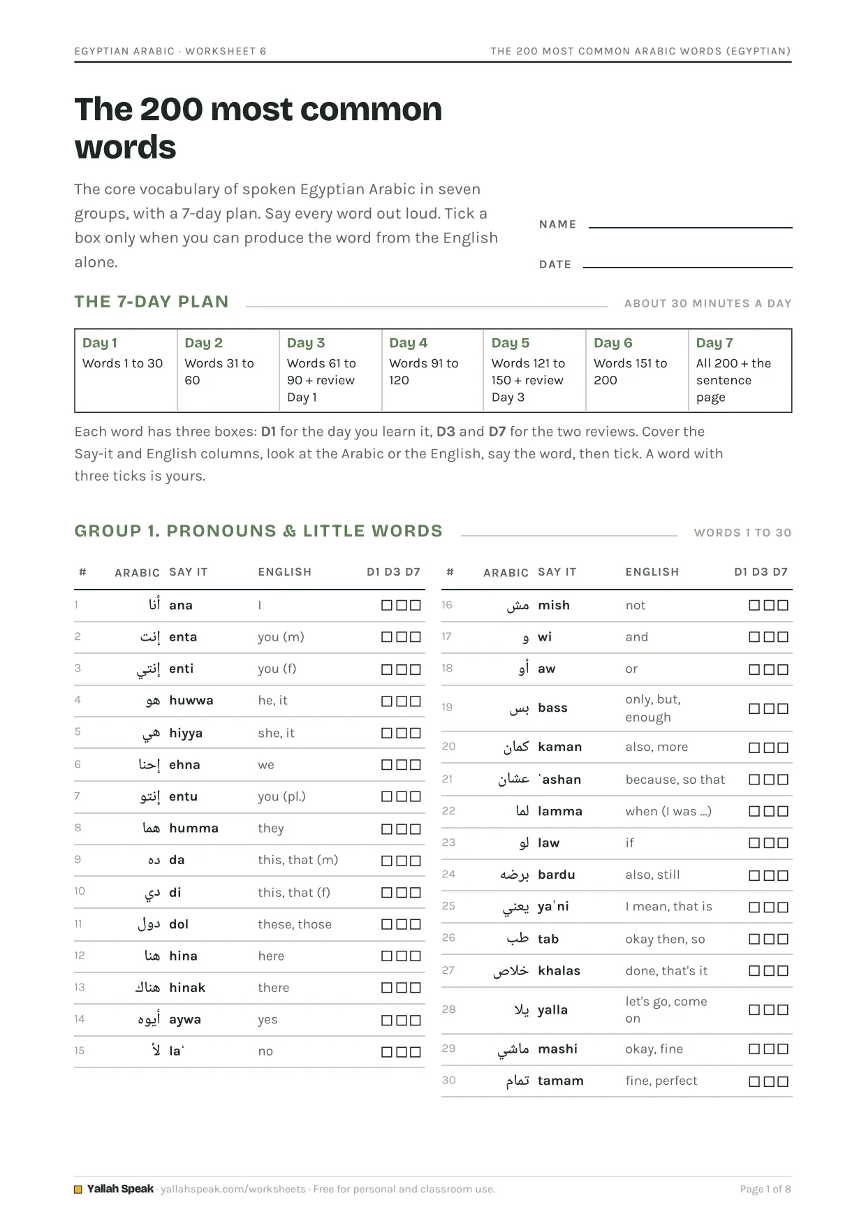 The 200 Most Common Arabic Words (Egyptian), page 1