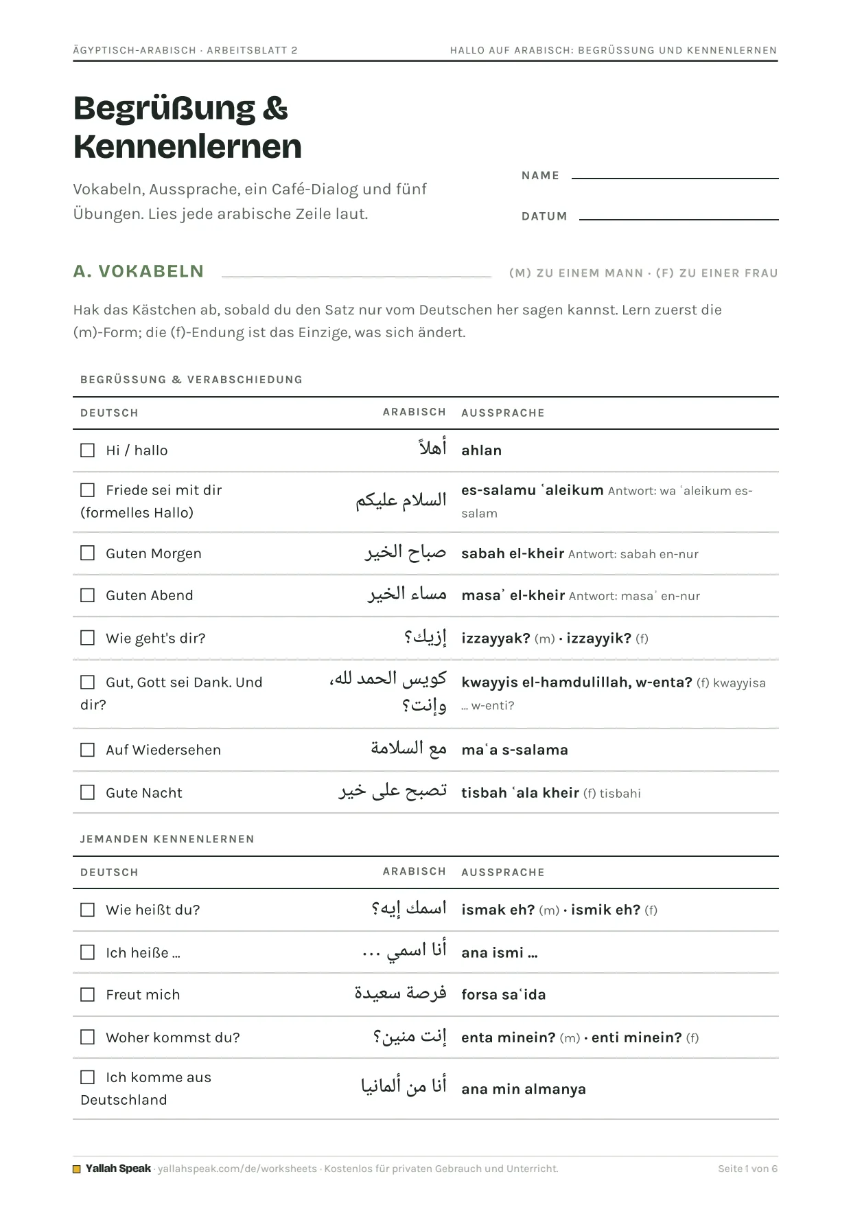 Hallo auf Arabisch: Begrüßung und Kennenlernen, Seite 1