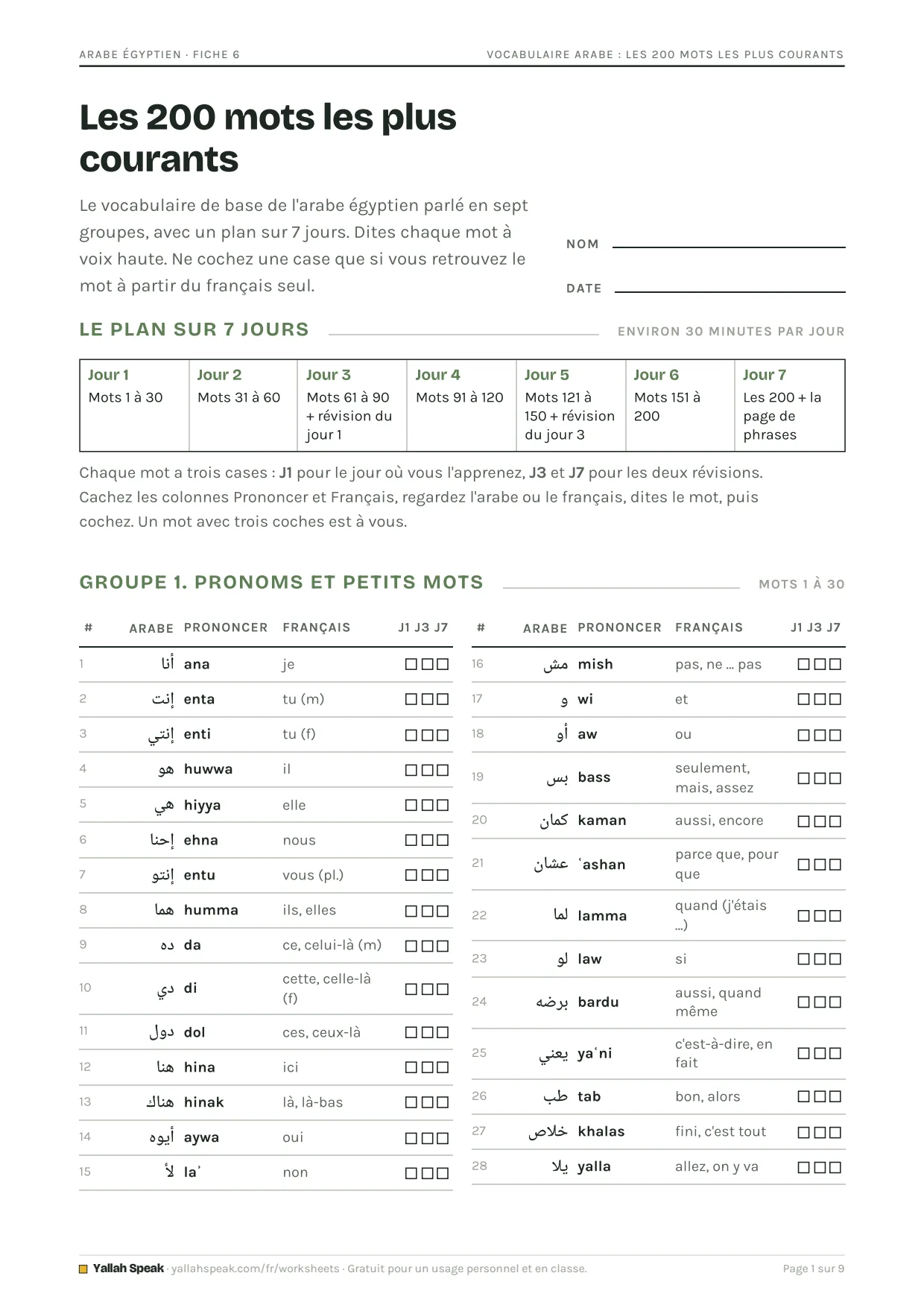 Vocabulaire arabe : les 200 mots les plus courants, page 1