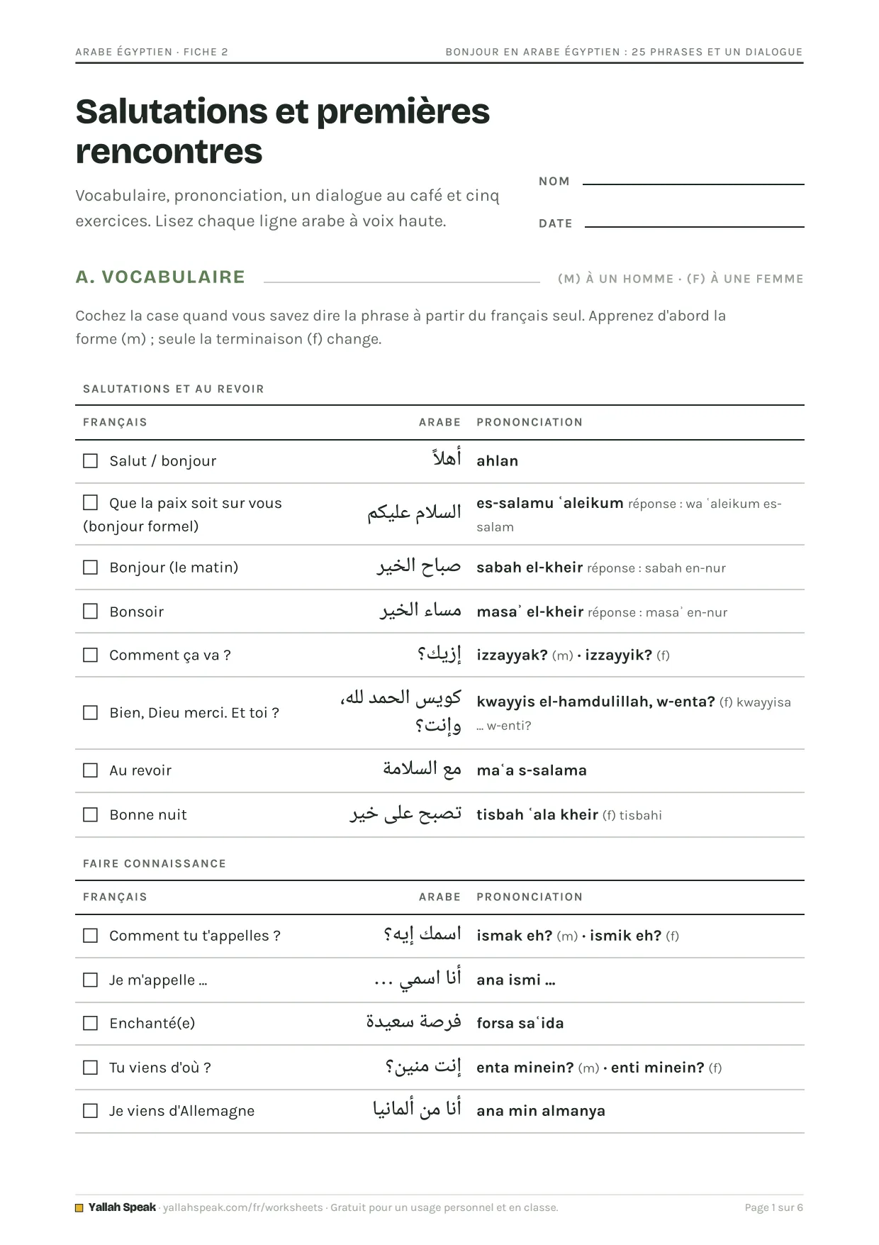 Bonjour en arabe égyptien : 25 phrases et un dialogue, page 1