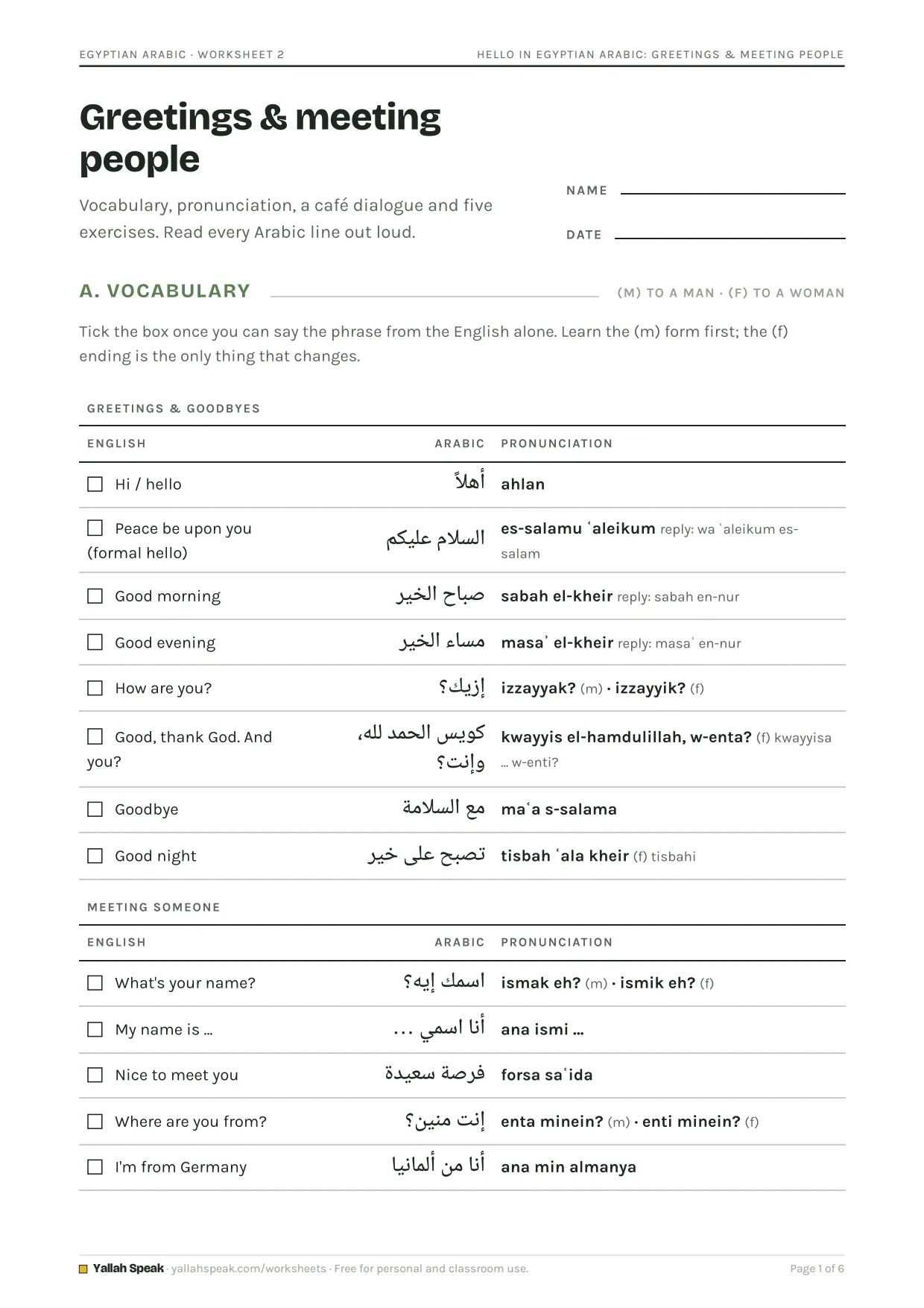 Hello in Egyptian Arabic: Greetings & Meeting People, page 1