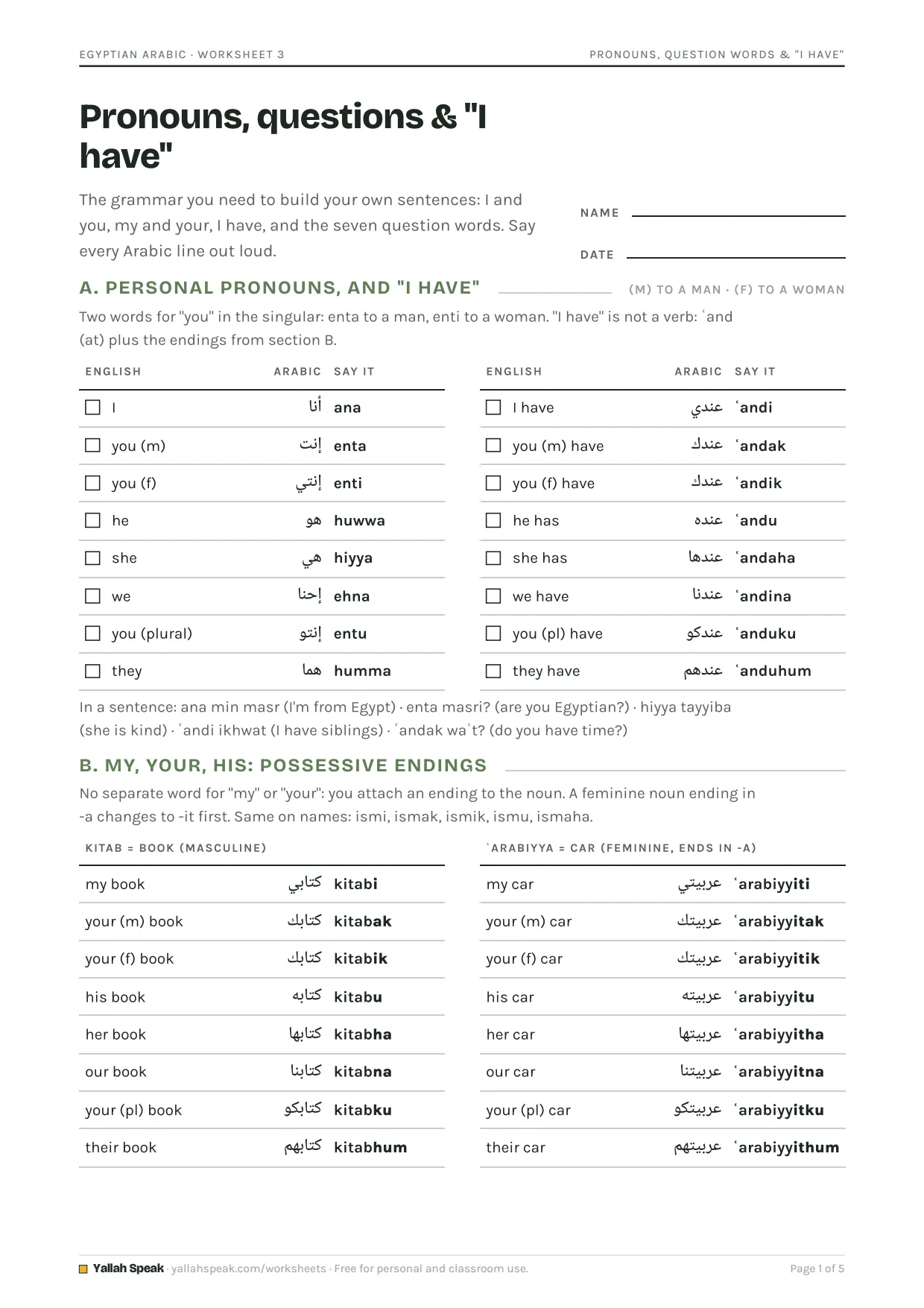 Pronouns, Question Words & "I Have", page 1