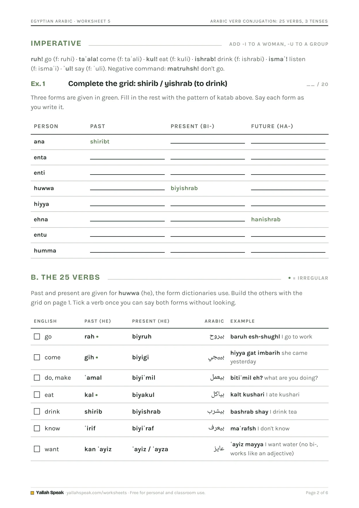 Conjugate Answer Arabic Verb Conjugation Chart: 25 Egyptian Verbs, 3 Tenses (PDF)
