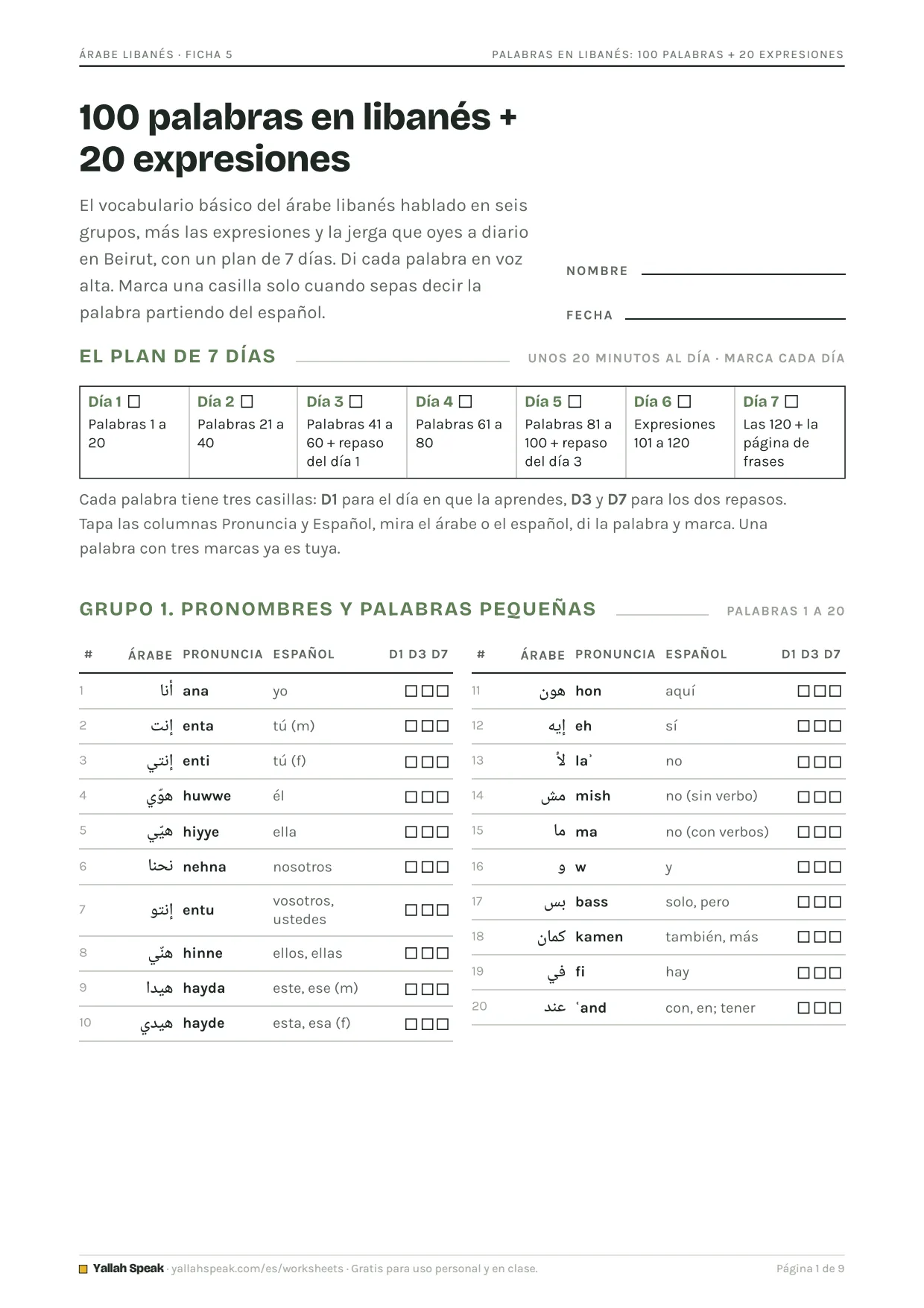 Palabras en libanés: 100 palabras + 20 expresiones, página 1
