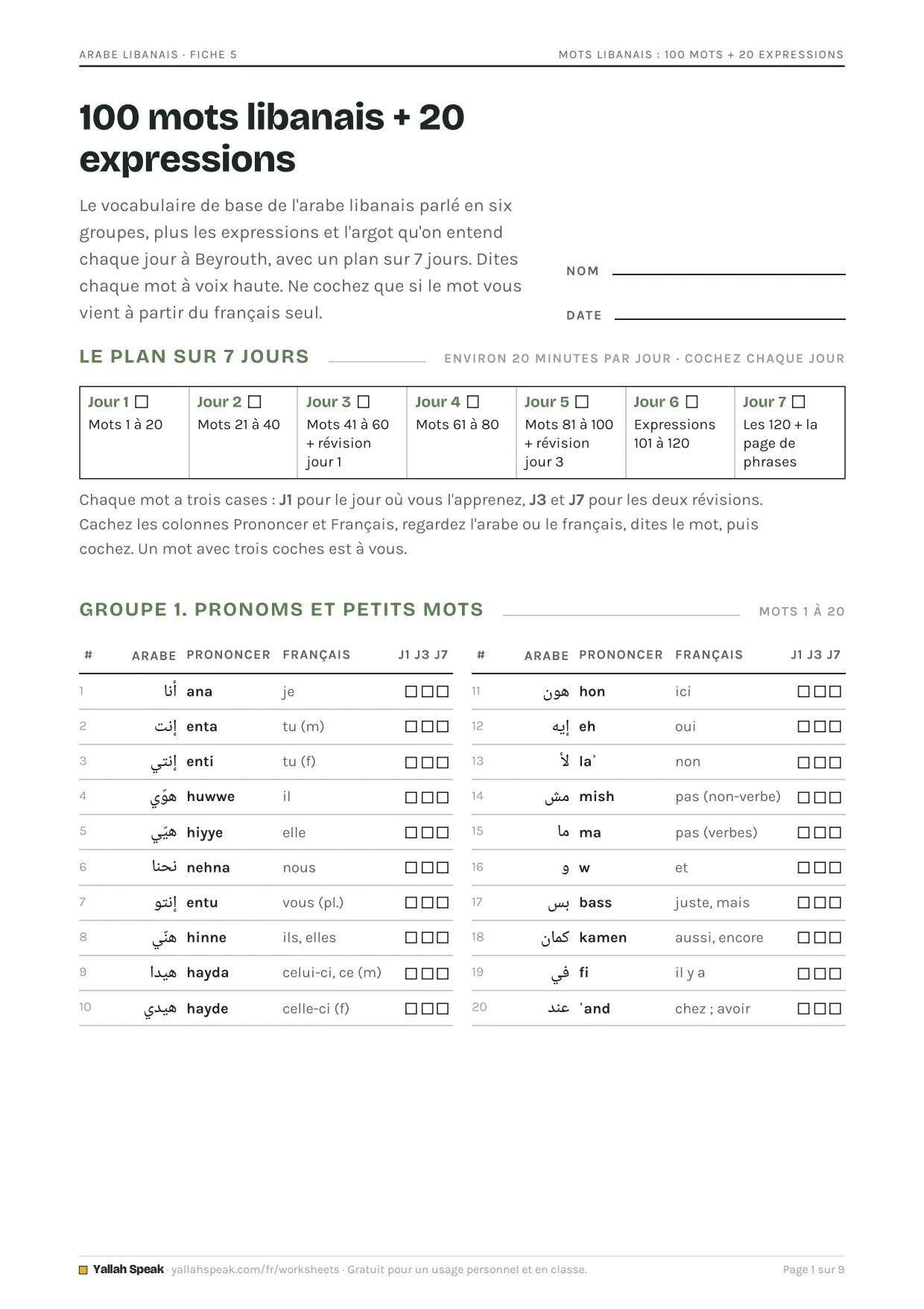 Mots libanais : 100 mots + 20 expressions, page 1
