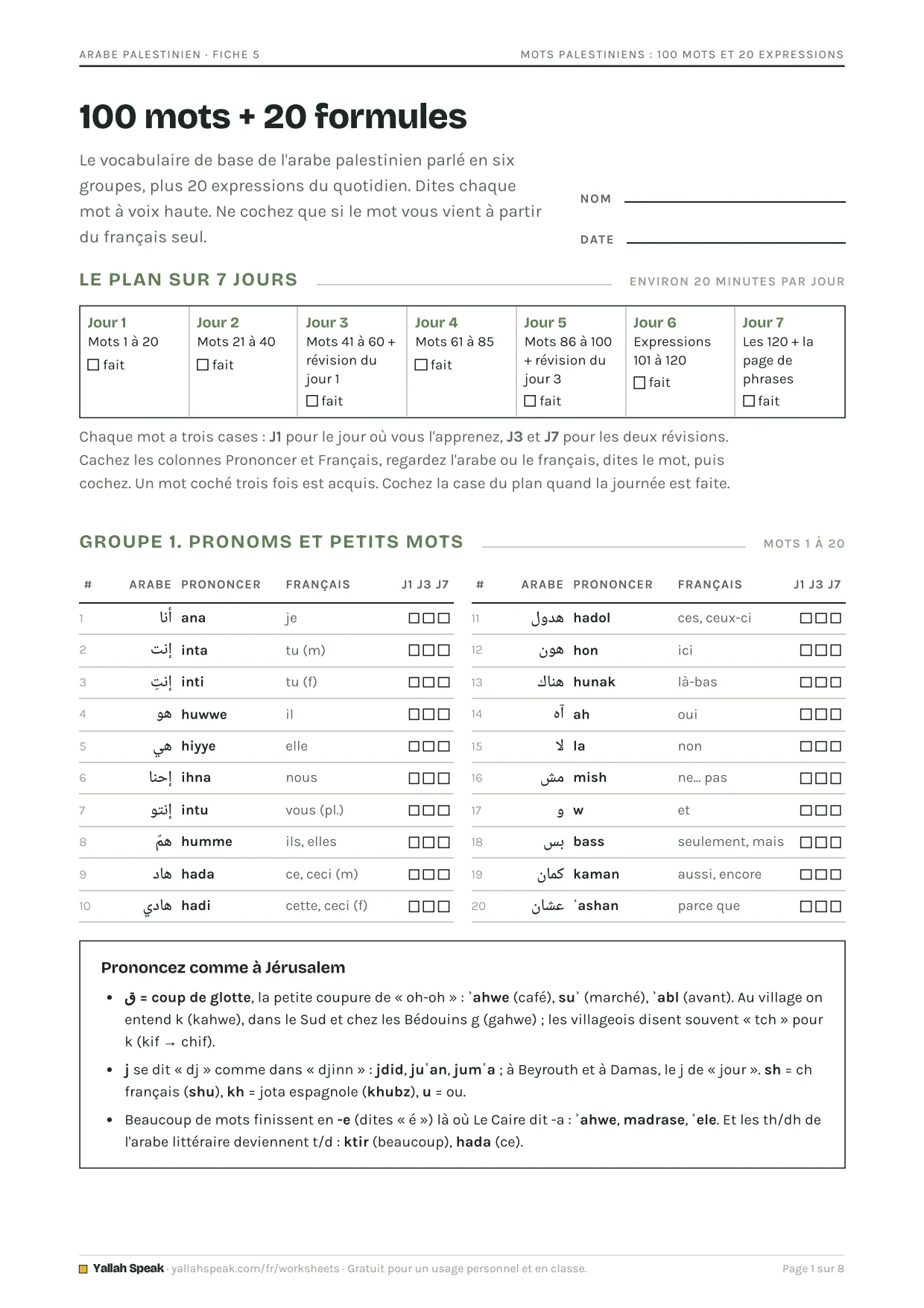 Mots palestiniens : 100 mots et 20 expressions, page 1