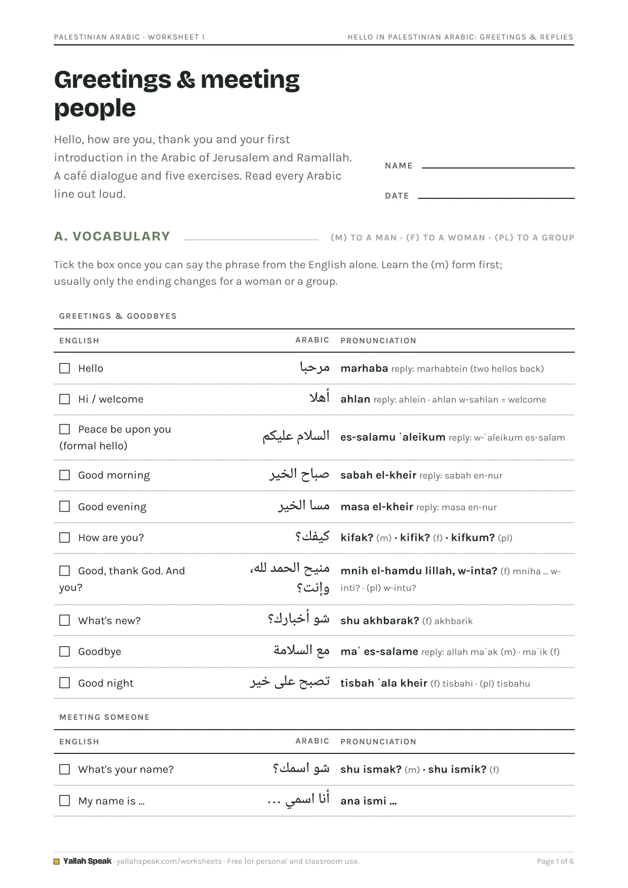 Hello in Palestinian Arabic: Greetings & Replies, page 1