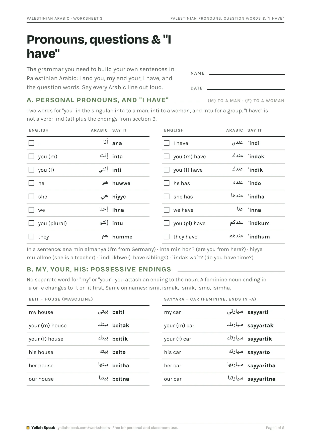 Palestinian Pronouns, Question Words & "I Have", page 1