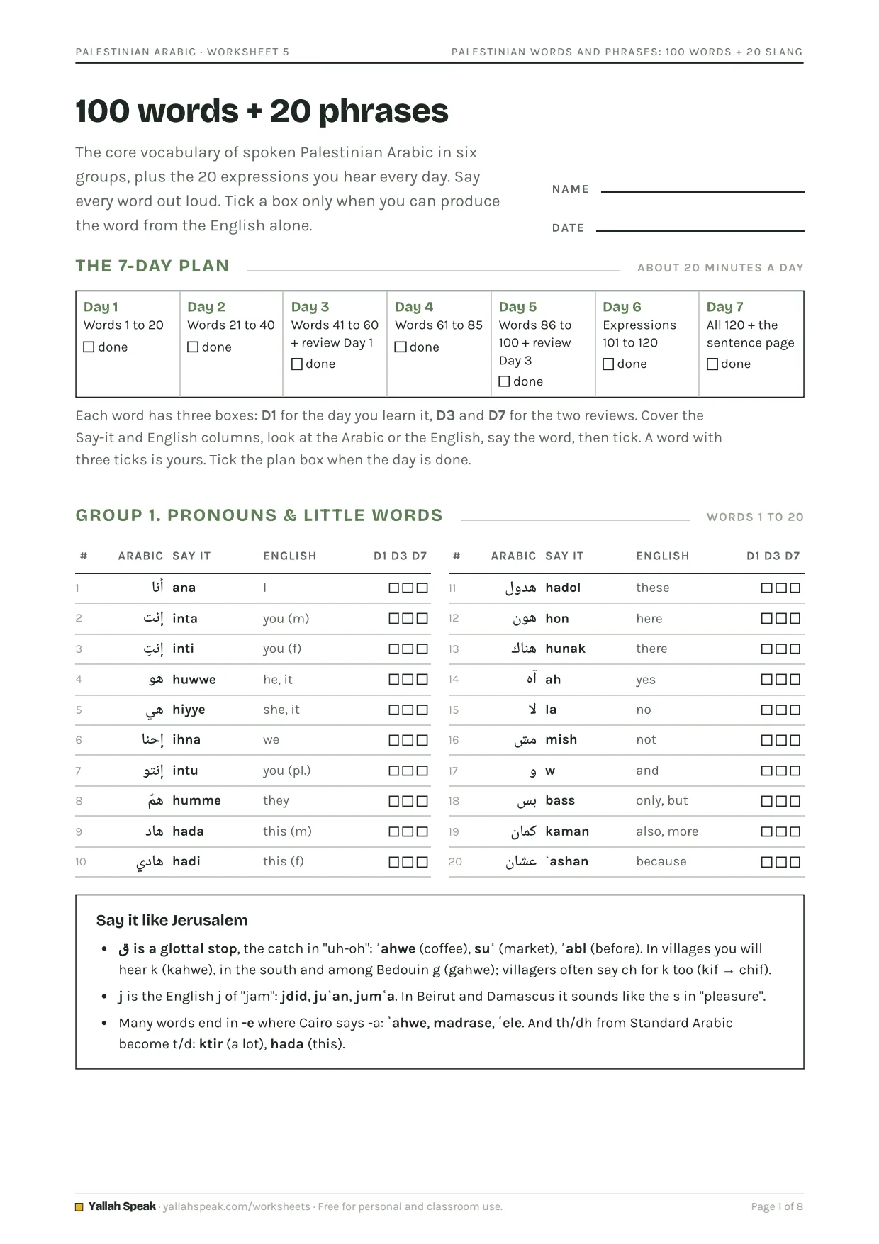 Palestinian Words and Phrases: 100 Words + 20 Slang, page 1