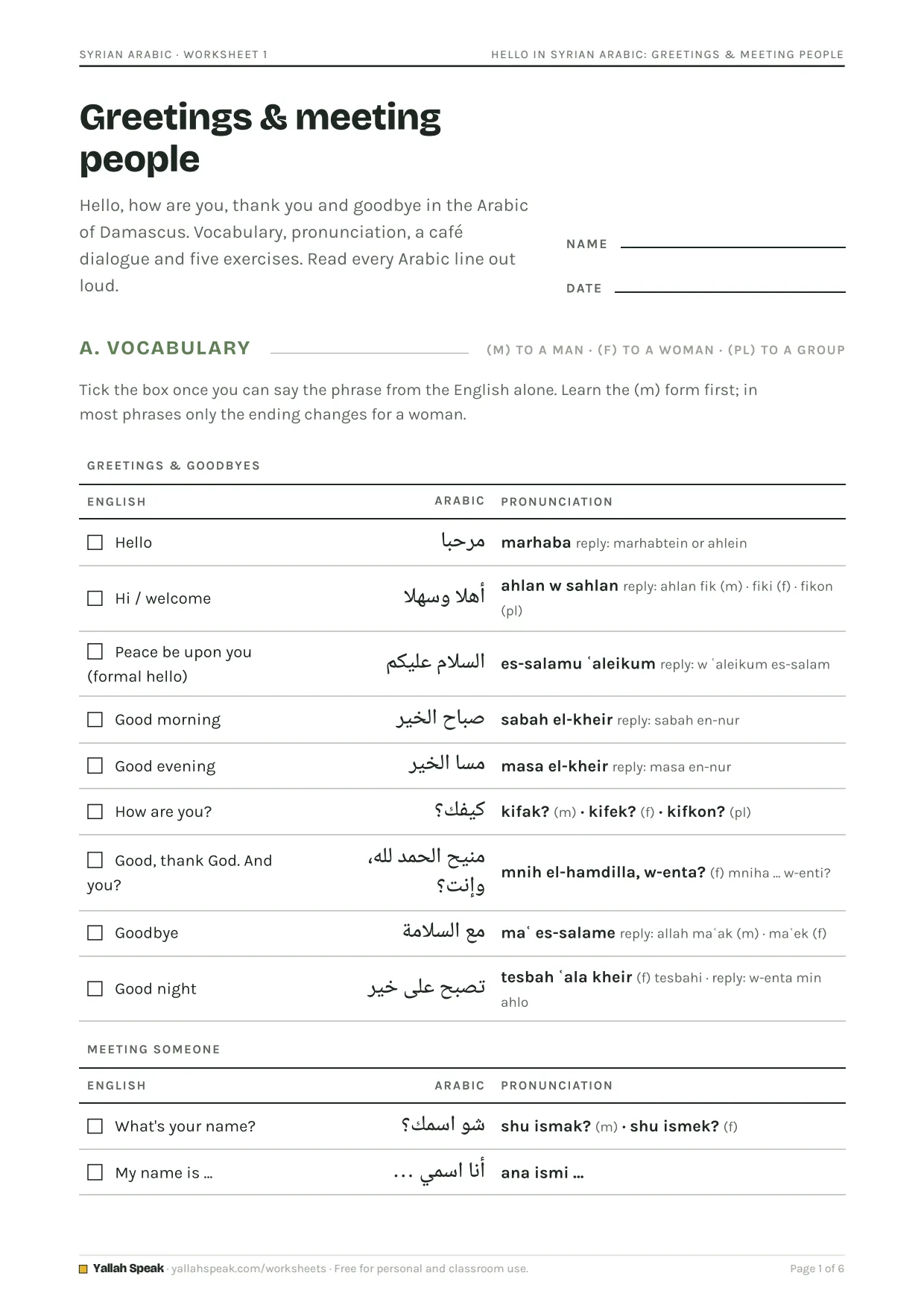 Hello in Syrian Arabic: Greetings & Meeting People, page 1